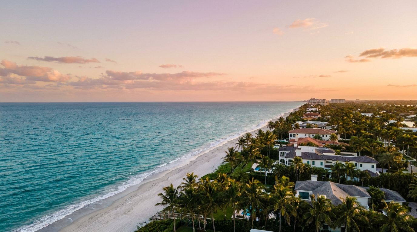 Illustrative coastal view of the Boca Raton area at dusk