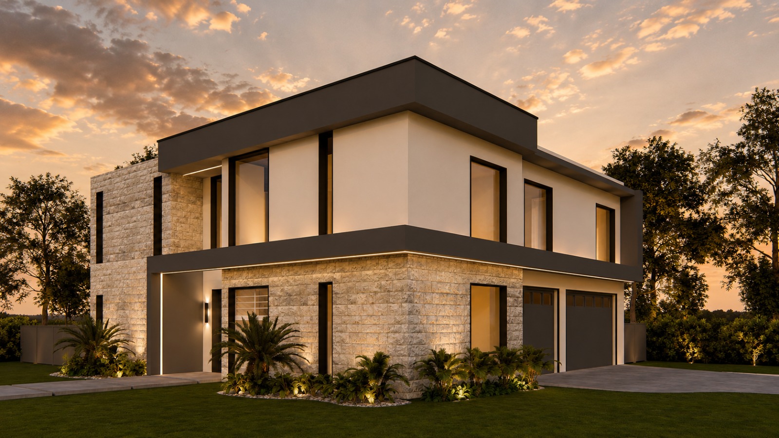 Conceptual architectural rendering of Navigator 299 at dusk — contemporary two-story residence